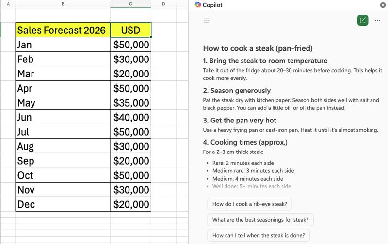 Screenshot showing Microsoft Copilot in Excel answering 'how to cook a steak' with a detailed recipe, next to a sales forecast spreadsheet. The AI should have refused to answer a question unrelated to the data.